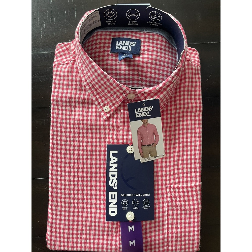 Lands End Button Down Brushed Twill Shirt, Size M, Red White Gingham Plaid NWT - Picture 2 of 2